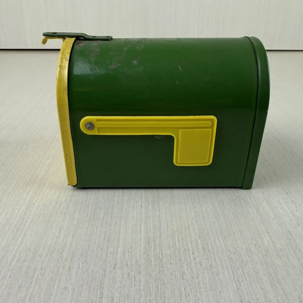 Vintage John Deere Metal Mailbox, Bank with Plastic Flag - ERTL, 5 1/4” D x 4” H